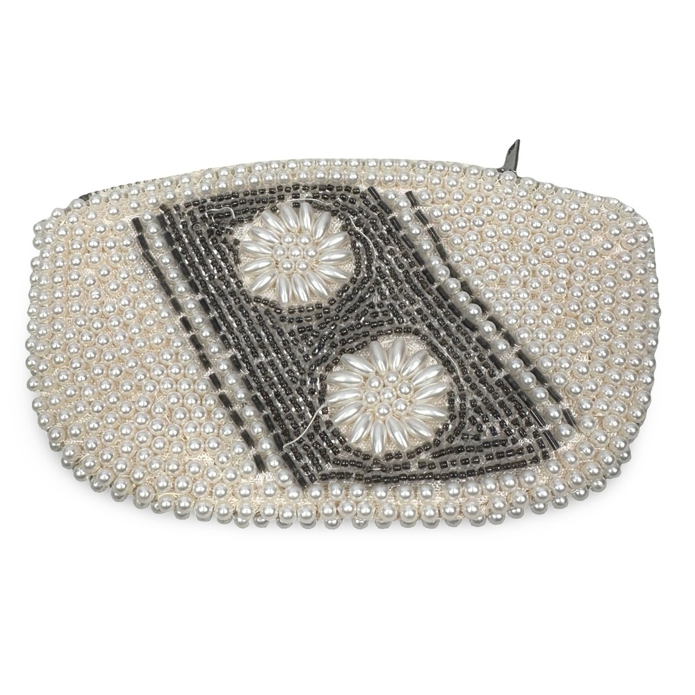 Vintage Beaded Coin Purse Cream Faux Pearl Gray Floral Zipper Pouch Small Wallet